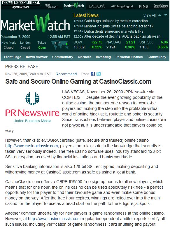 Casino Classic recognised as safe, secure and trusted online casino